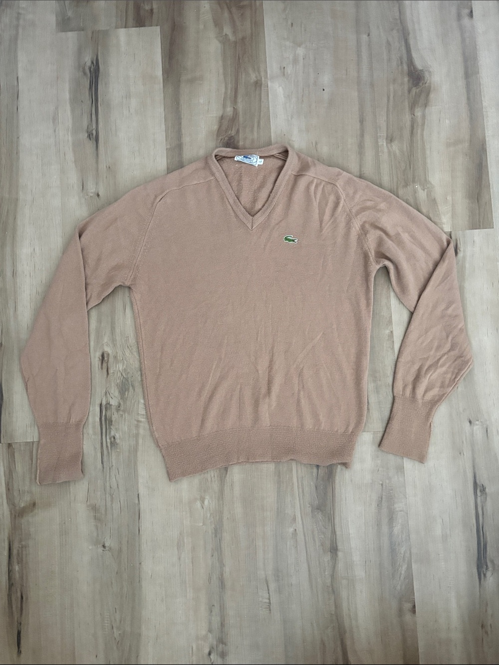 Lacoste Men's V-Neck Sweater in Camel Brown with Green Crocodile